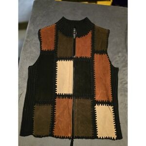 Designers Studio Originals Leather Patchwork Sweater Zip Vest Womens Size Med